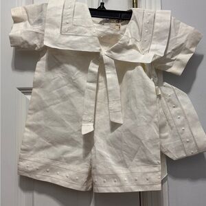 Cream Sailor-Style Romper with Matching booties and hat 12 months nwt